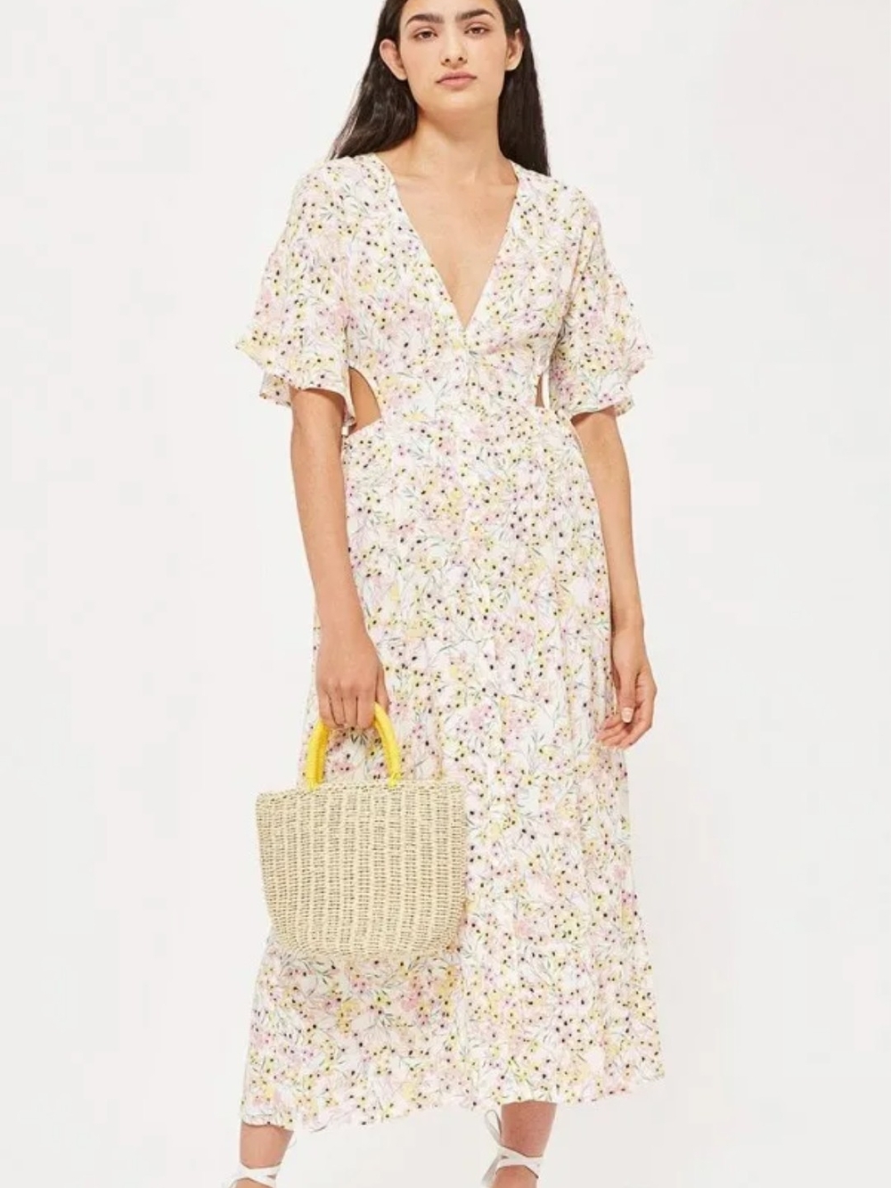 TopShop Floral Cutout Maxi Dress in Light Pink And Yellow